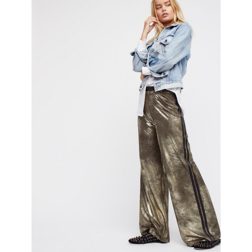 Free People | Vegan Gold Metallic Wide Leg Track Pants Nwot